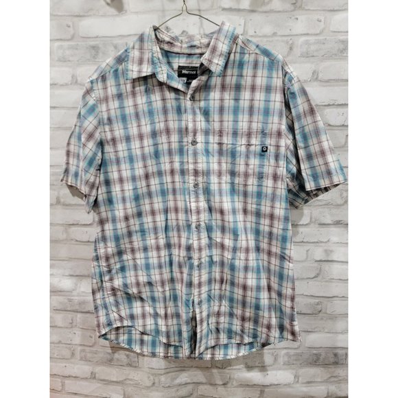 Marmot Men Northside Checkered Shirt Size Medium Short Sleeve Plaid Blue Red - Picture 2 of 9